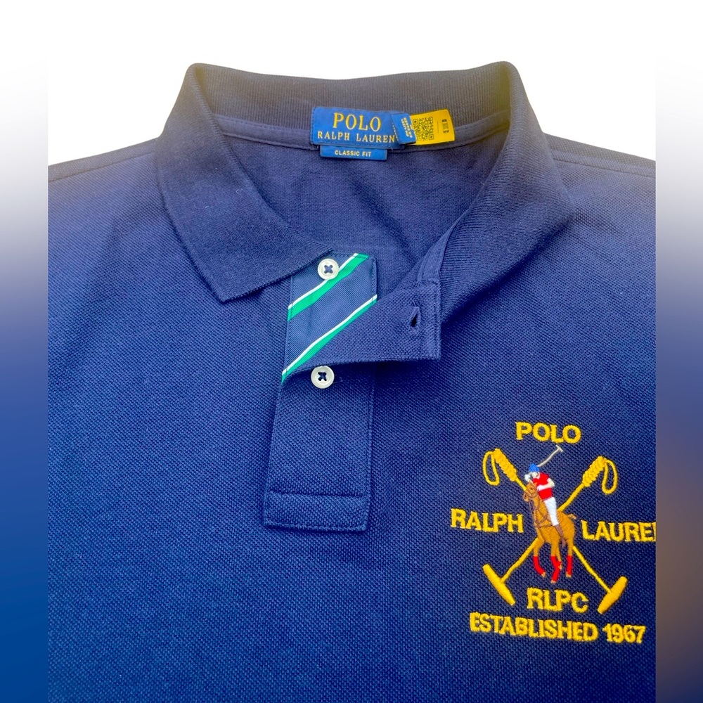 Polo Ralph Lauren RLPC-67 Men's XL Classic Fit Blue/Yellow Polo Big Pony #3 EUC‎